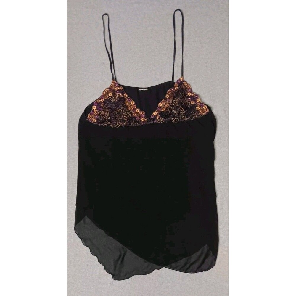 Vintage Y2K Black Embroidered Cami Top L Babydoll Floral Lace Sheer Whimsigoth - Picture 1 of 8
